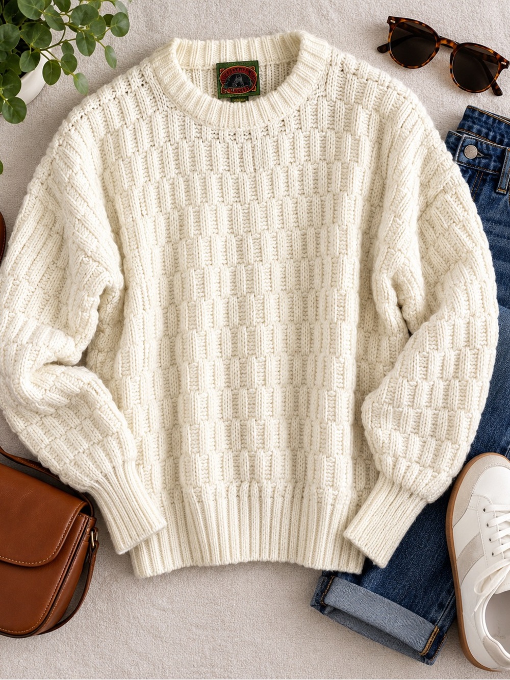 Men's Cream Cable Knit Sweater - Classic Crew Neck
